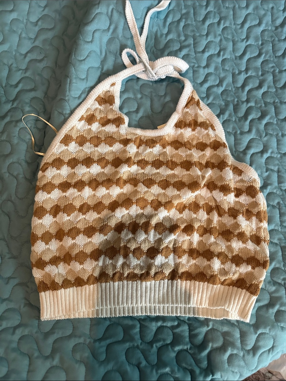 Halter Knit Crop Top in Cream and Brown